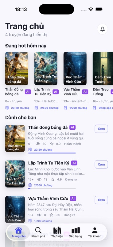 Màn hình Trang chủ của AiTruyen