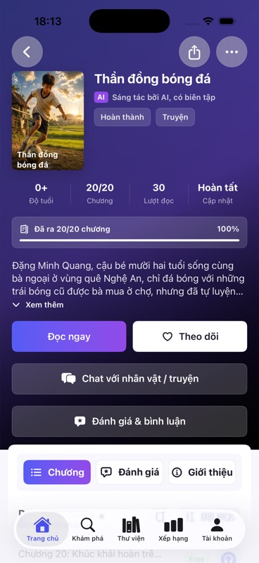 Màn hình chi tiết truyện có nhãn nội dung AI